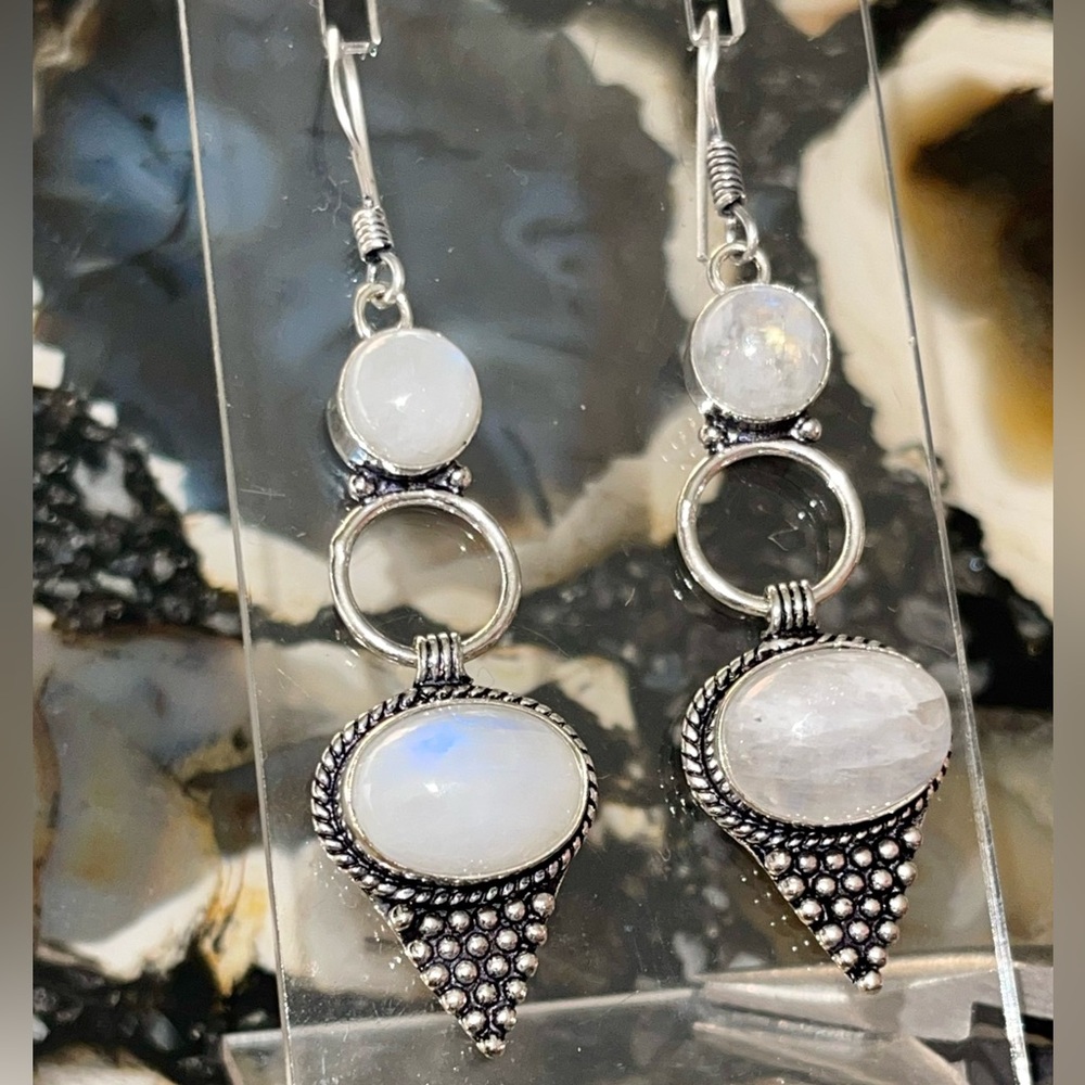 Rainbow Moonstone Earrings 2 1/4”
